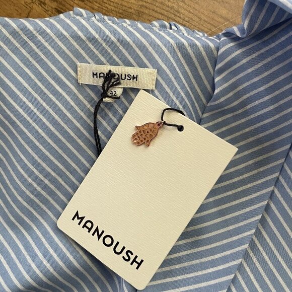 Manoush Womens Dress Sz 42 US 10 Blue White Stripe Ruffle Sleeve Plunge Neckline - Picture 11 of 11